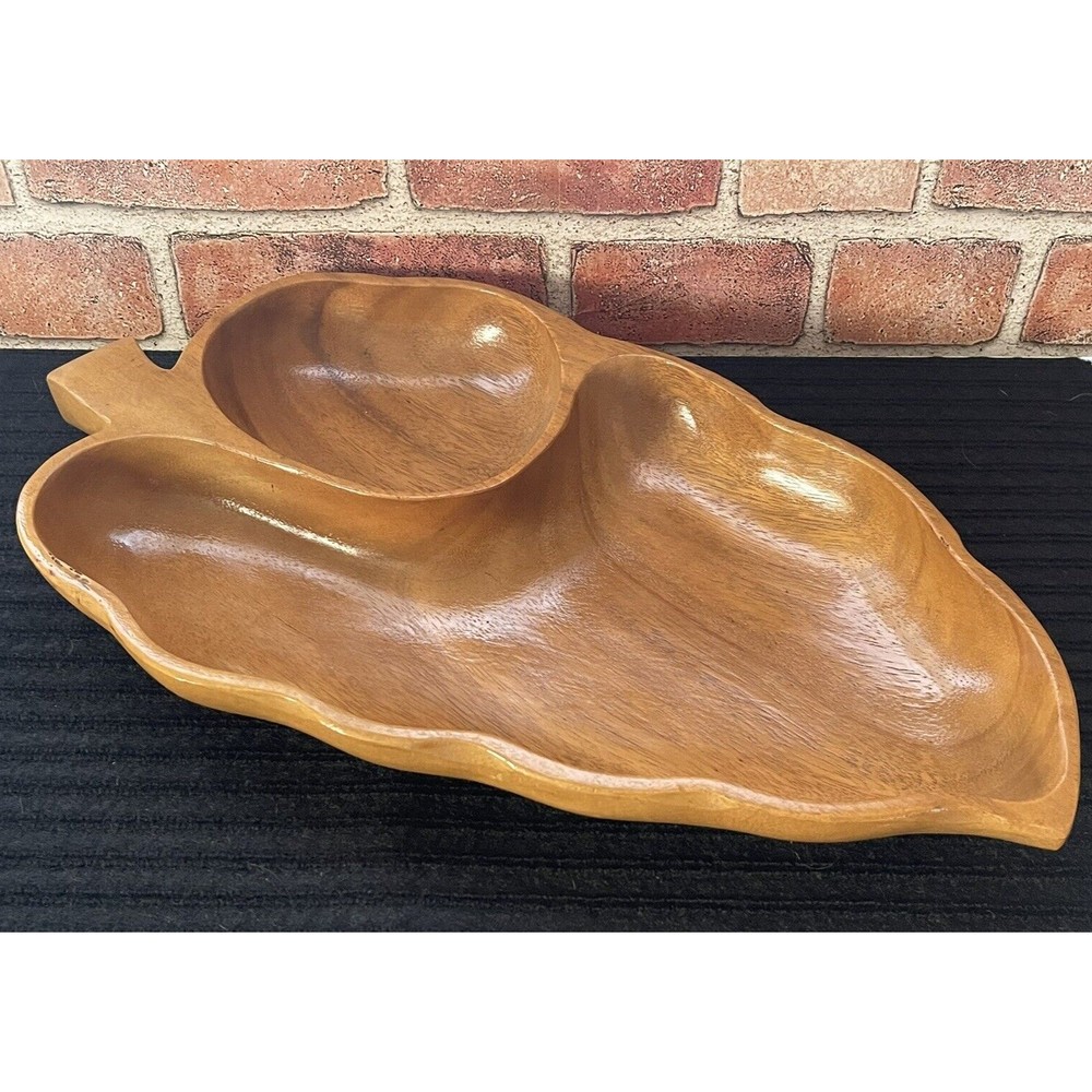 Vintage Monkey Pod Leaf Wooden Hand Carved Serving Tray Dish Bowl Mid-Century